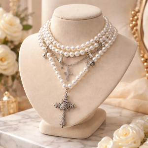 Vintage Rose Cross Pearl Layered Necklace